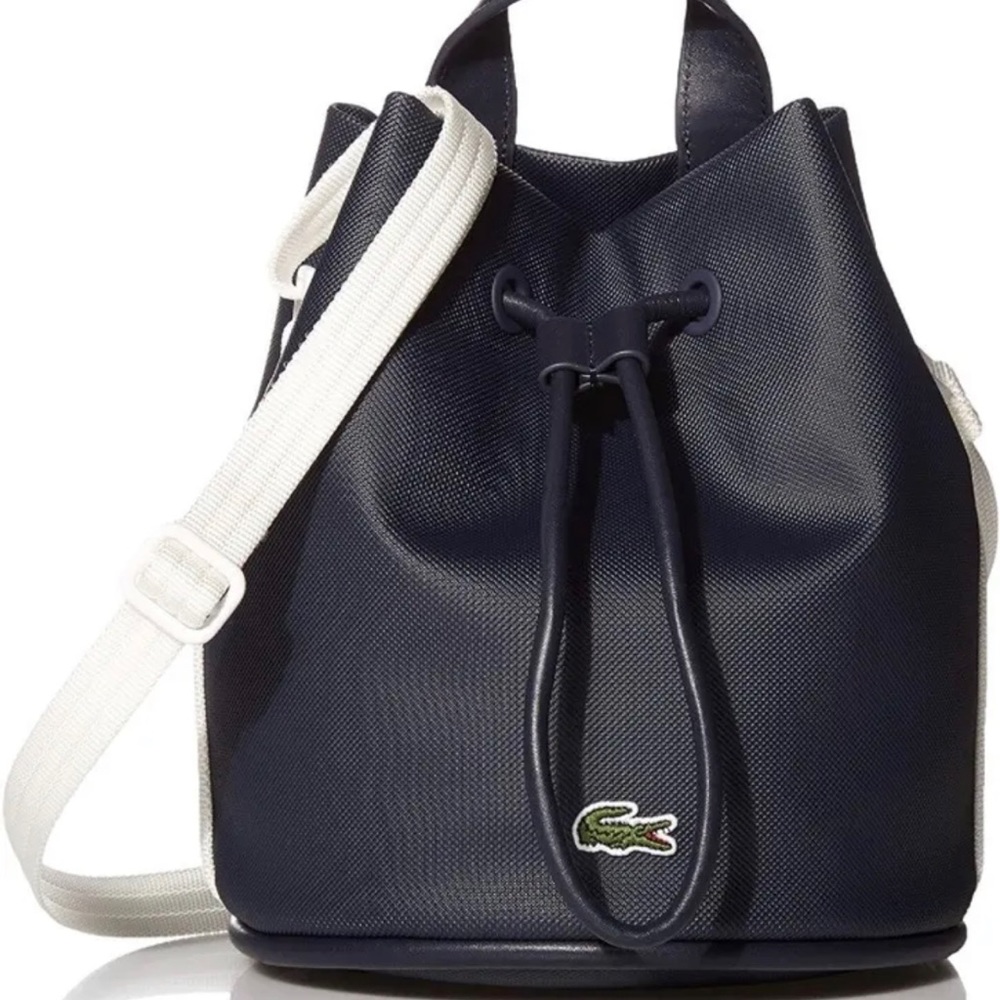LACOSTE Court Line Bucket Bag Small Navy Blue White